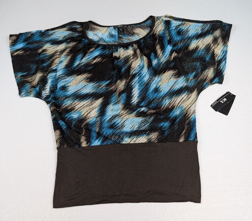 NEW BCX Women's Large Top Blouse Print Multi Color Sleeves Open Shoulder